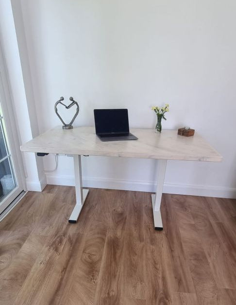 Adjustable height desk with reclaimed wood herringbone top and electric legs, featuring LED smart handset with memory presets and child lock – handcrafted sit-stand desk for home or office.