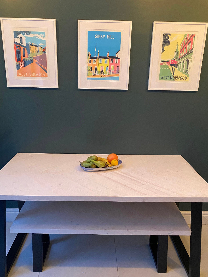 Handcrafted Herringbone Dining Table with Reclaimed Wood and Custom Legs - The Rough Wood UK