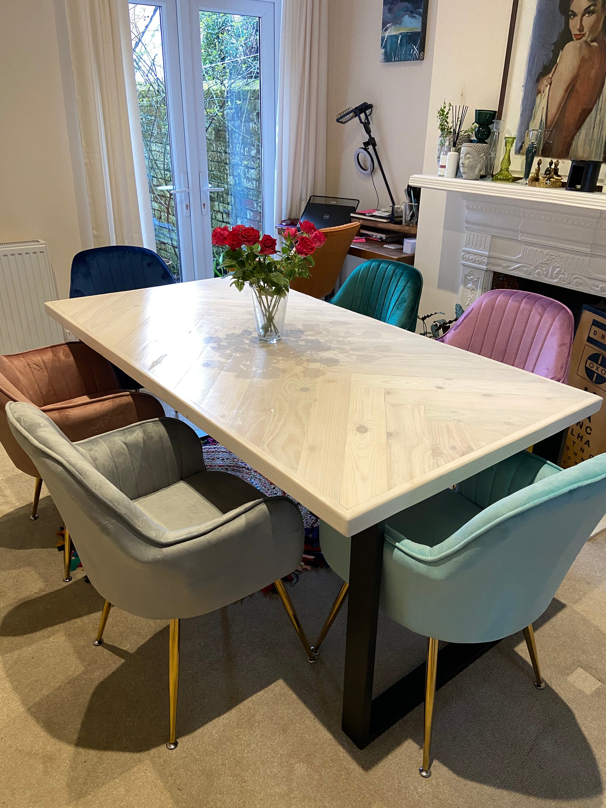Handcrafted Herringbone Dining Table with Reclaimed Wood and Custom Legs - The Rough Wood UK
