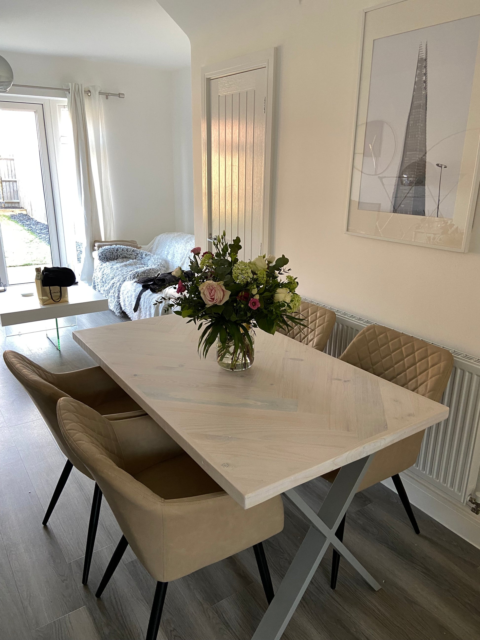 Handcrafted Herringbone Dining Table with Reclaimed Wood and Custom Legs - The Rough Wood UK