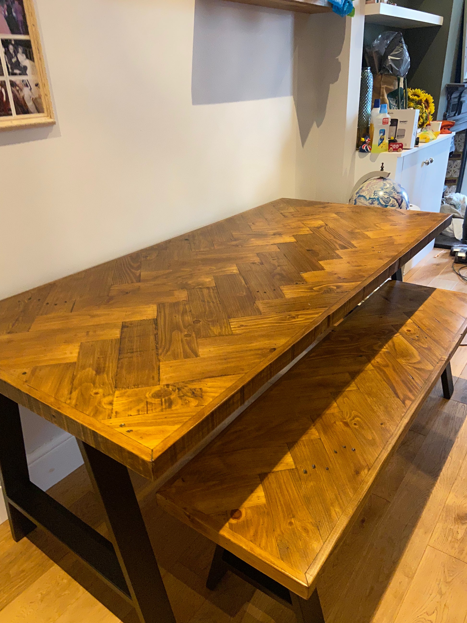 Handcrafted Herringbone Dining Table with Reclaimed Wood and Custom Legs - The Rough Wood UK