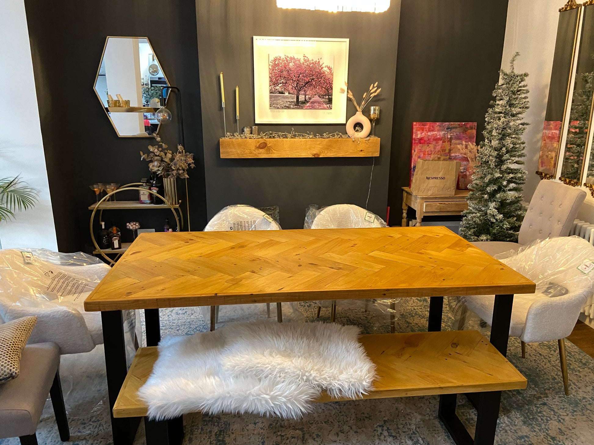 Handcrafted Herringbone Dining Table with Reclaimed Wood and Custom Legs - The Rough Wood UK