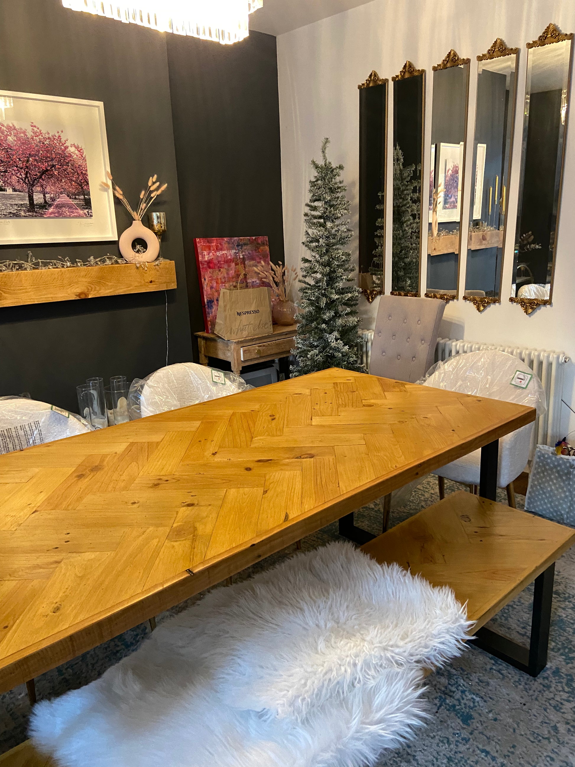 Handcrafted Herringbone Dining Table with Reclaimed Wood and Custom Legs - The Rough Wood UK