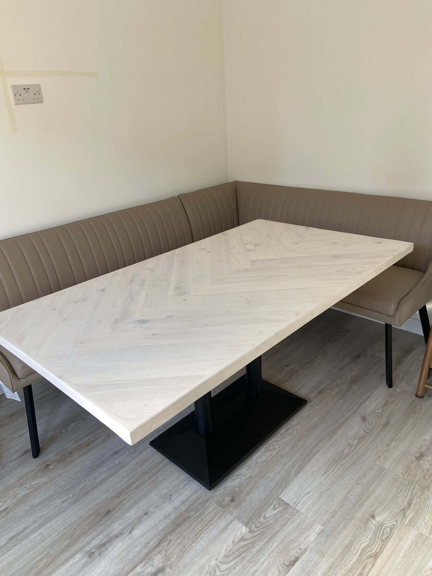 Herringbone Dining Table with Industrial-Chic Cast Iron Pedestal Base (Made to order)