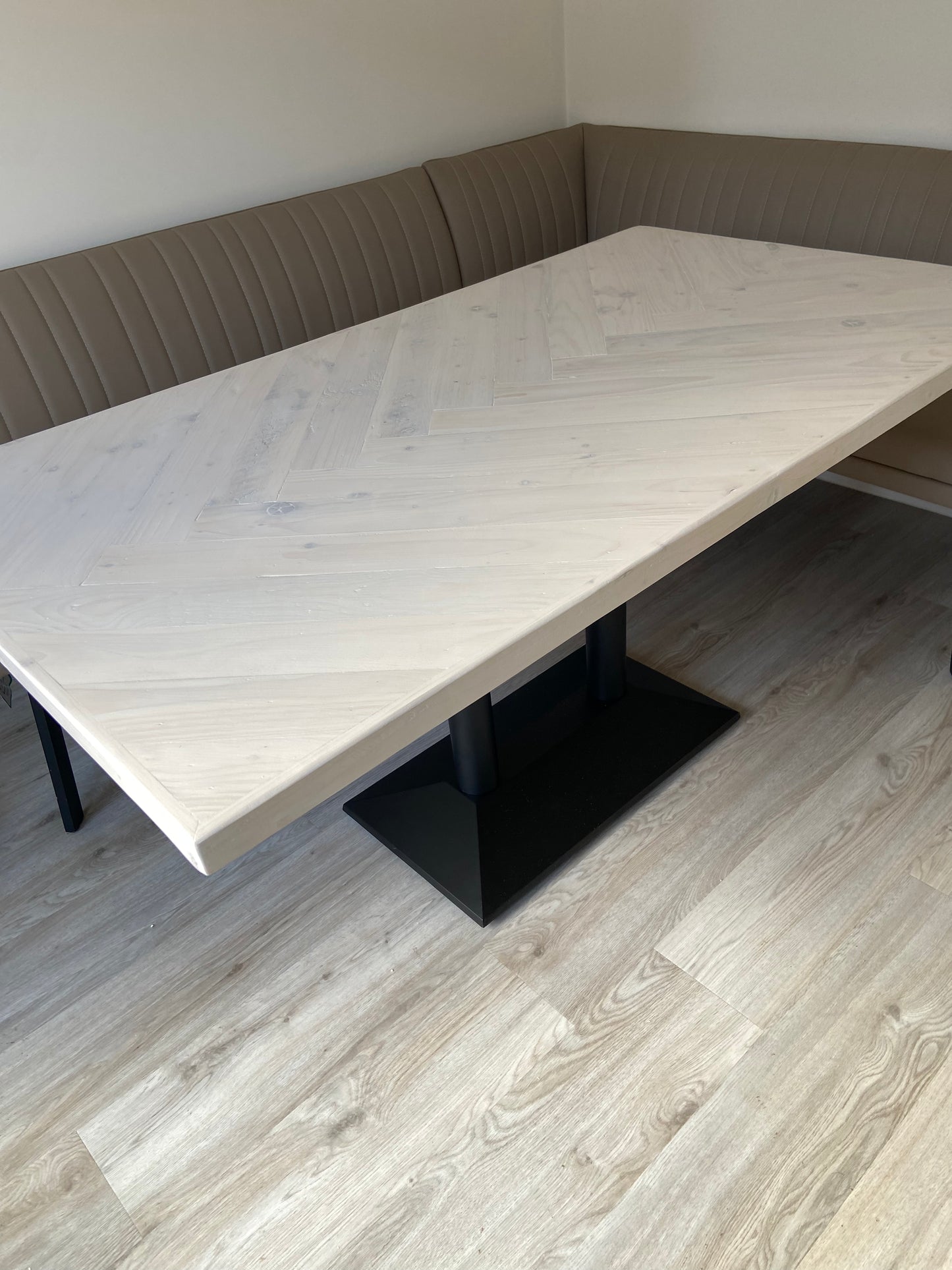 Herringbone Dining Table with Industrial-Chic Cast Iron Pedestal Base (Made to order)