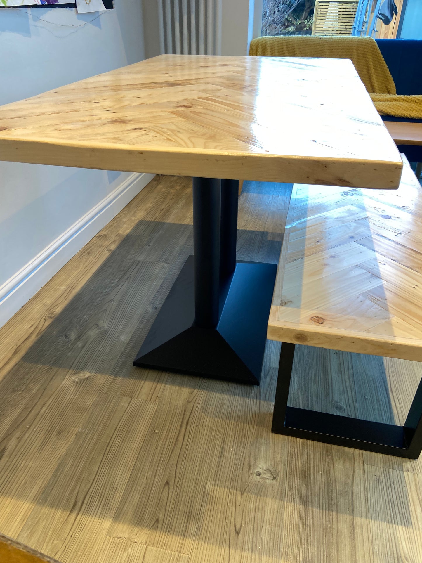 Herringbone Dining Table with Industrial-Chic Cast Iron Pedestal Base (Made to order)