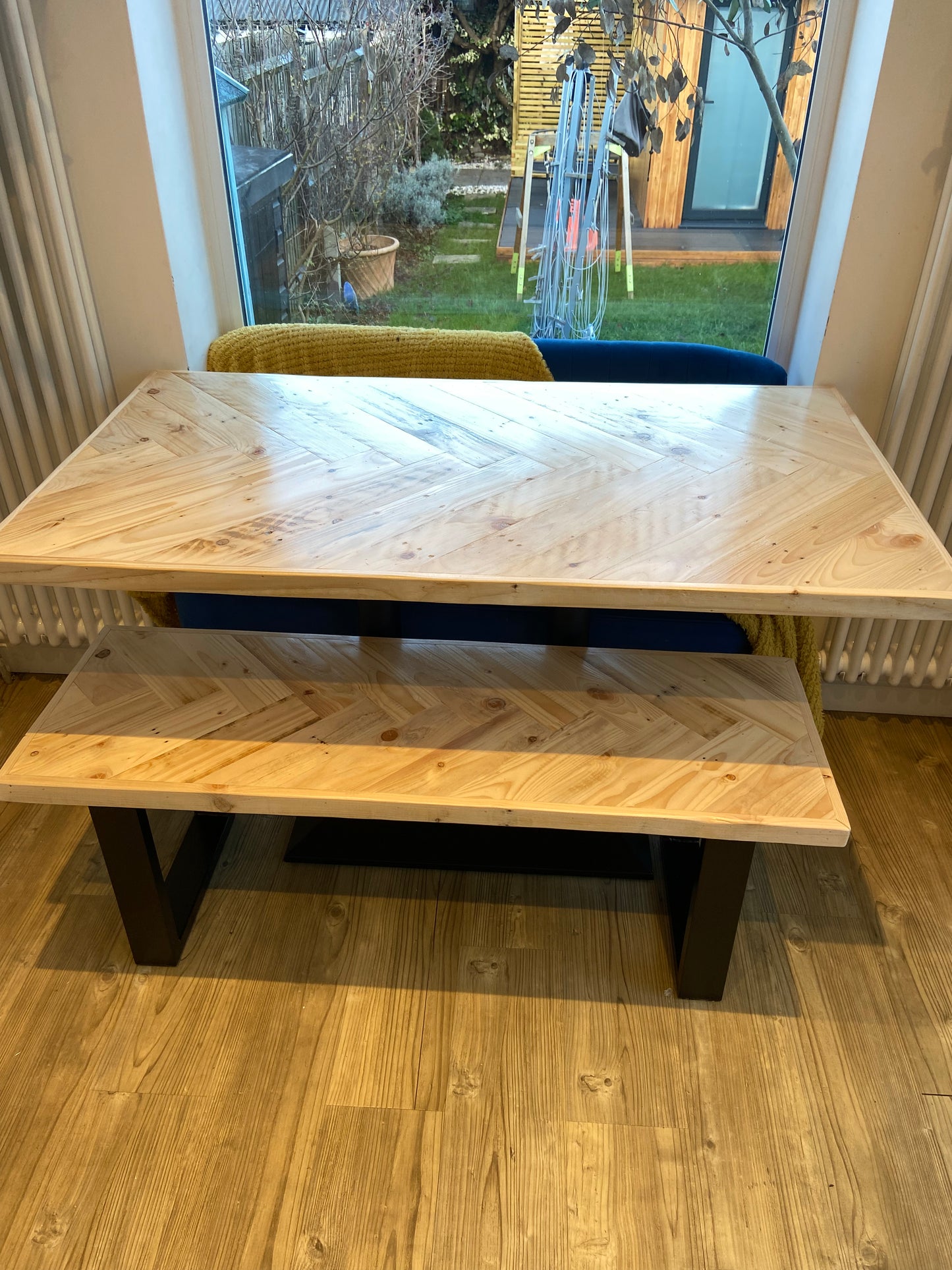 Herringbone Dining Table with Industrial-Chic Cast Iron Pedestal Base (Made to order)