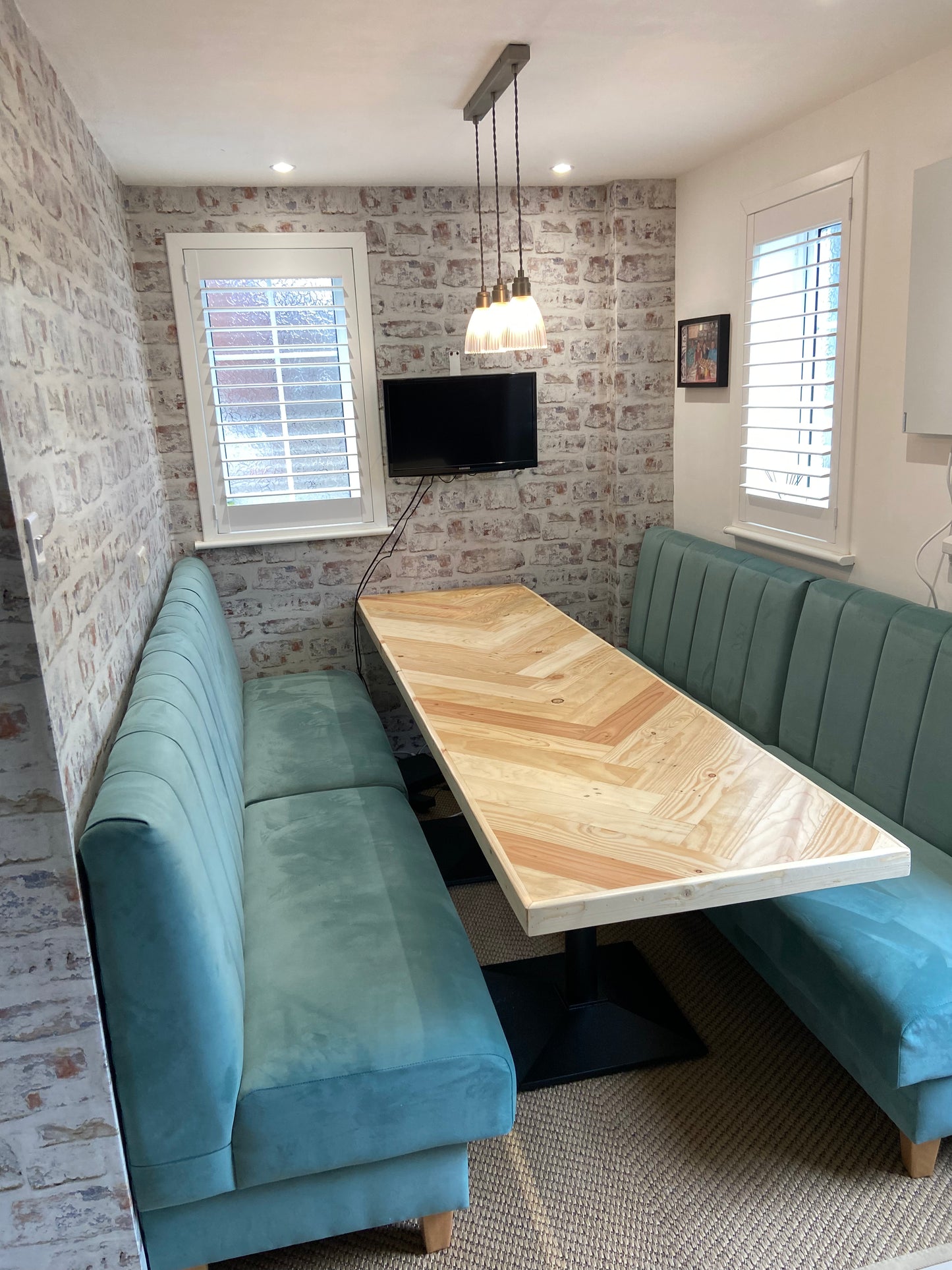 Herringbone Dining Table with Industrial-Chic Cast Iron Pedestal Base (Made to order)
