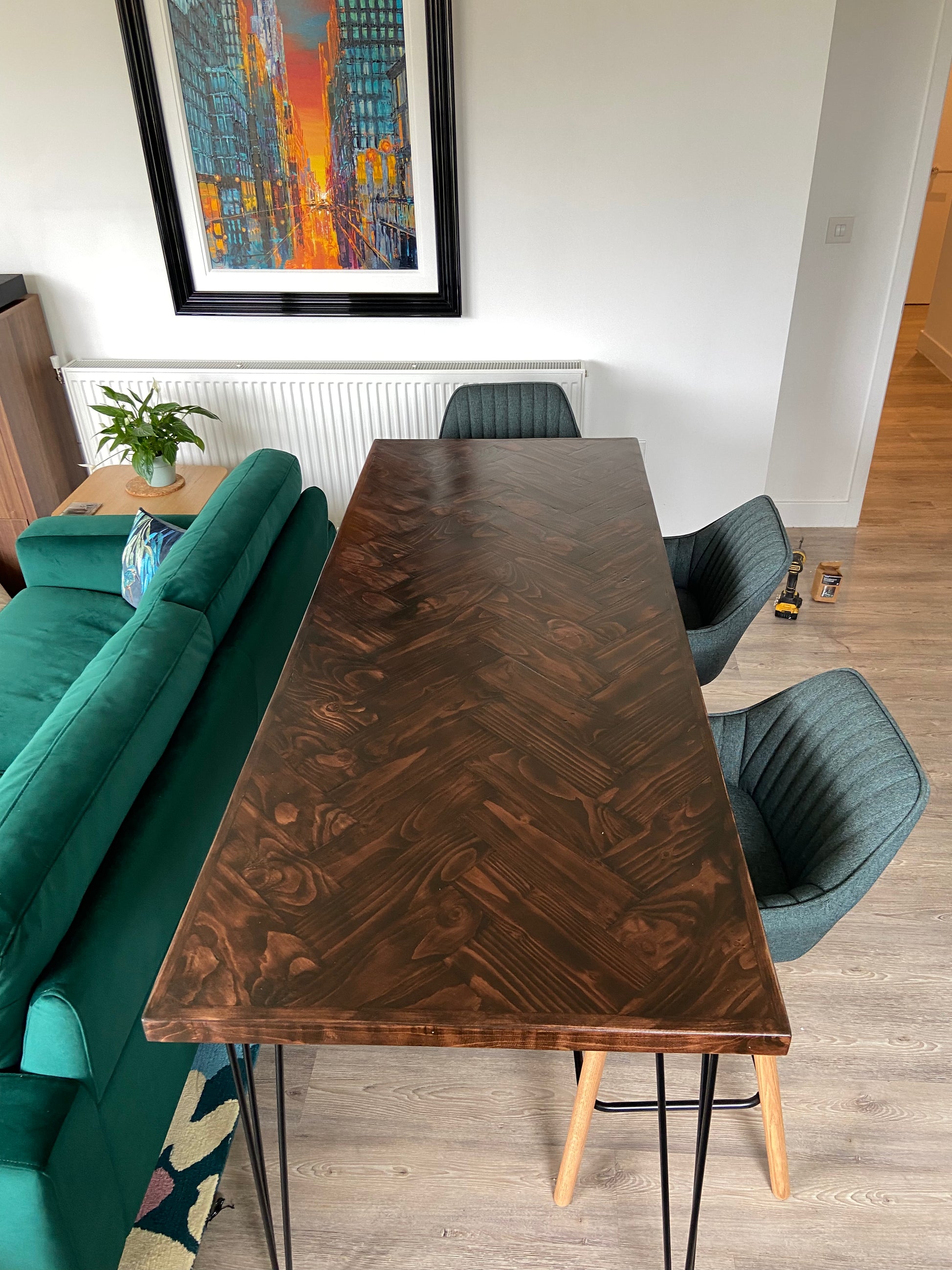Handcrafted Herringbone Dining Table with Reclaimed Wood and Custom Legs - The Rough Wood UK