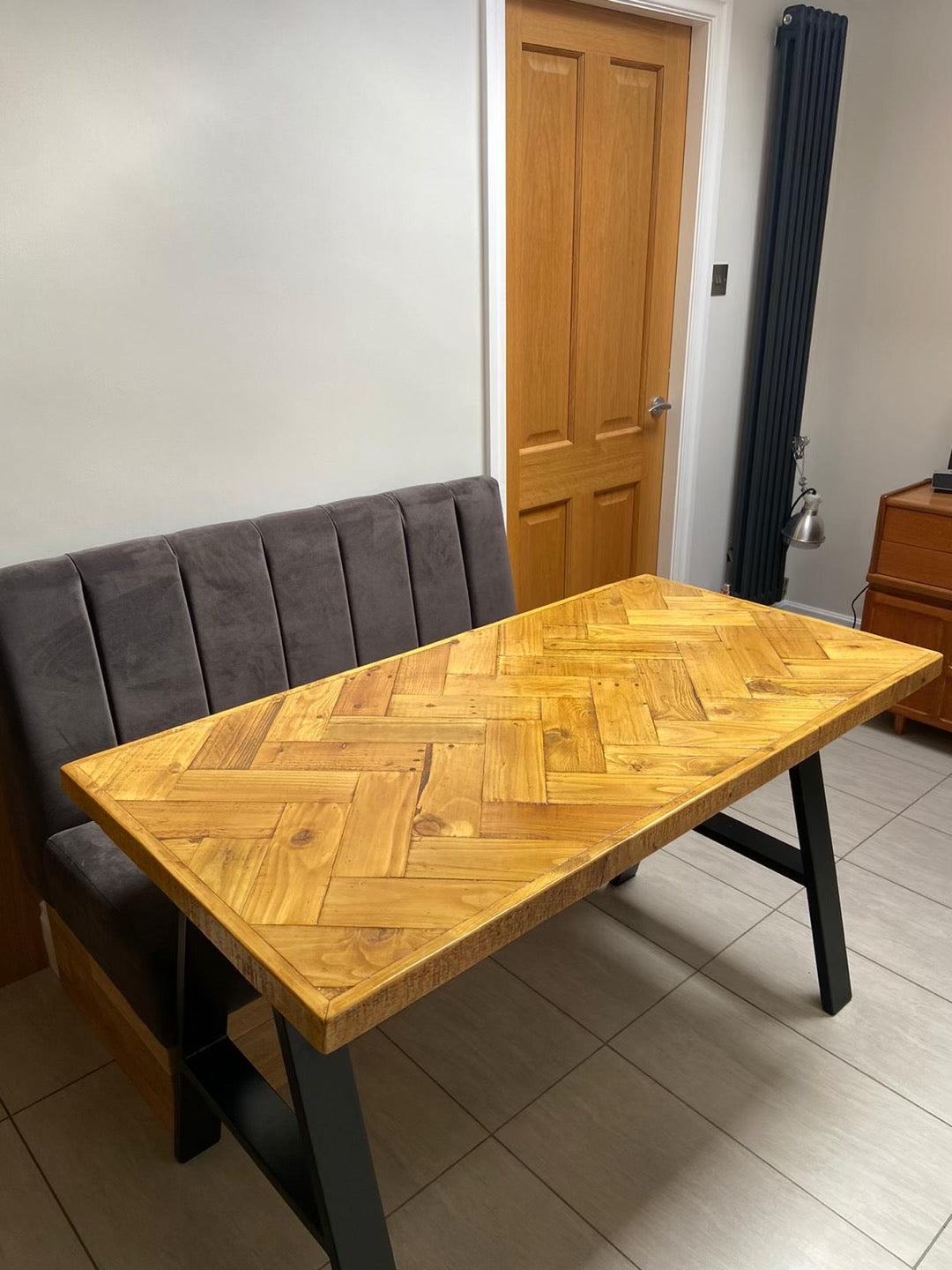 Handcrafted Herringbone Dining Table with Reclaimed Wood and Custom Legs - The Rough Wood UK