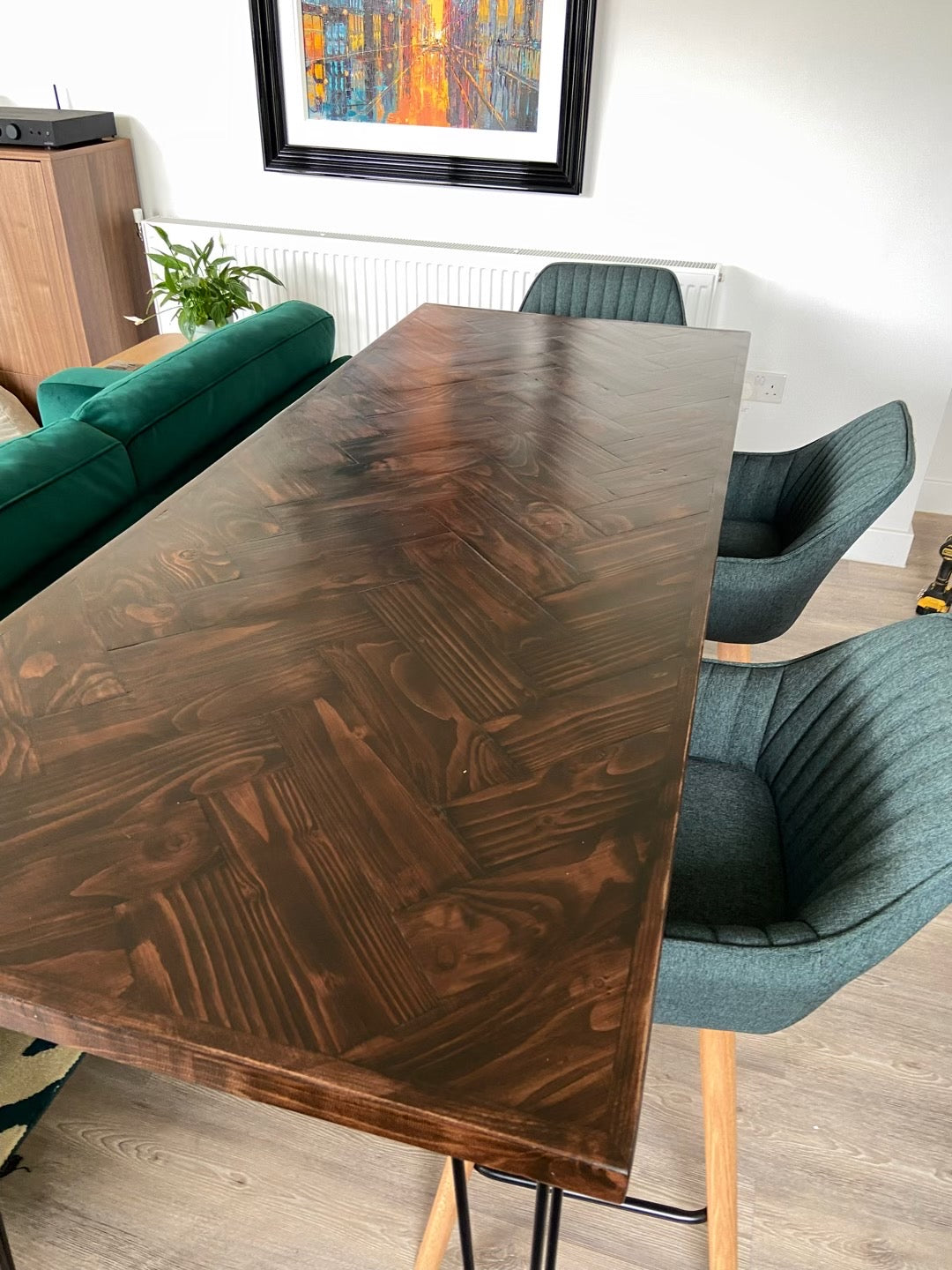 Handcrafted Herringbone Dining Table with Reclaimed Wood and Custom Legs - The Rough Wood UK