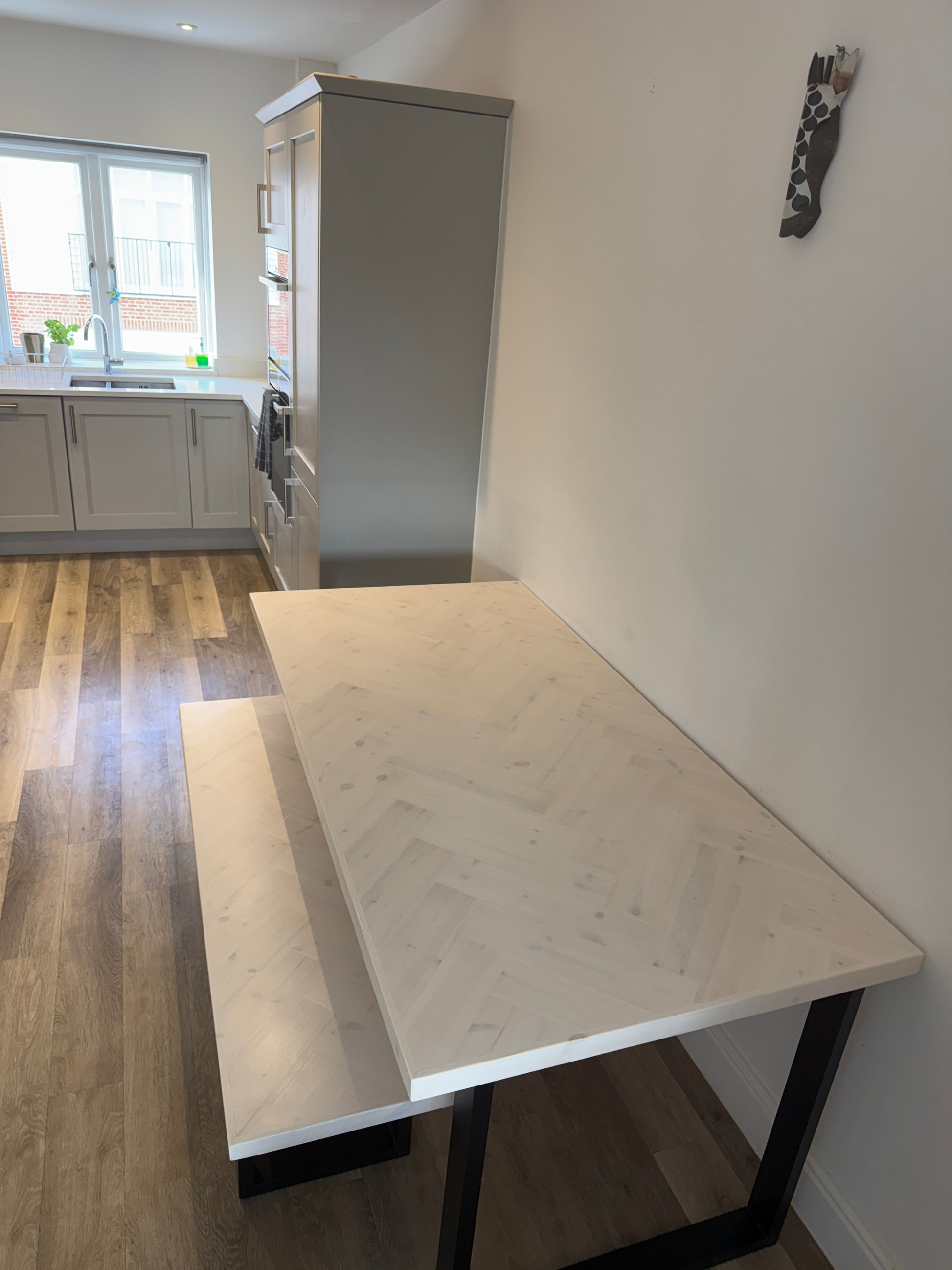 Handcrafted Herringbone Dining Table with Reclaimed Wood and Custom Legs - The Rough Wood UK