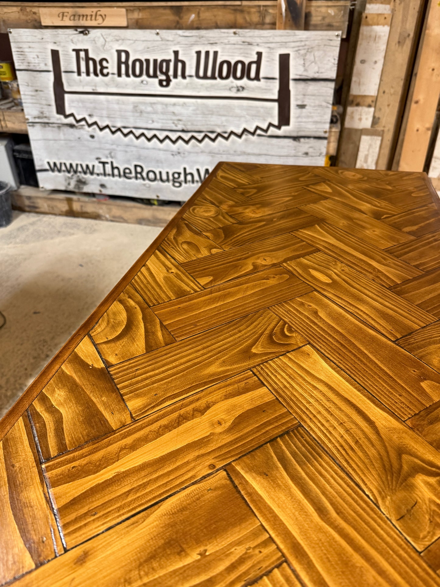 Handcrafted Herringbone Dining Table with Reclaimed Wood and Custom Legs - The Rough Wood UK