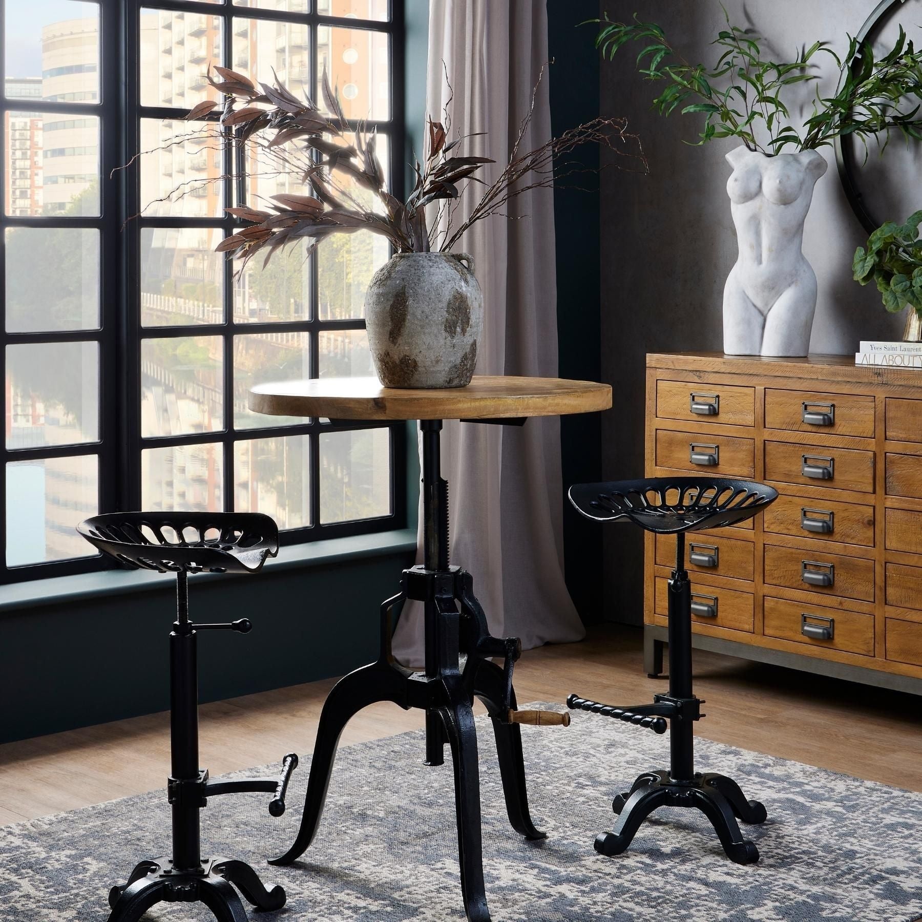 Industrial crank-adjustable bistro bar table, 70cm round top