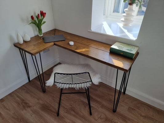 Handmade L-shaped corner desk with reclaimed scaffold board top and industrial metal legs – customisable layout with left or right return.