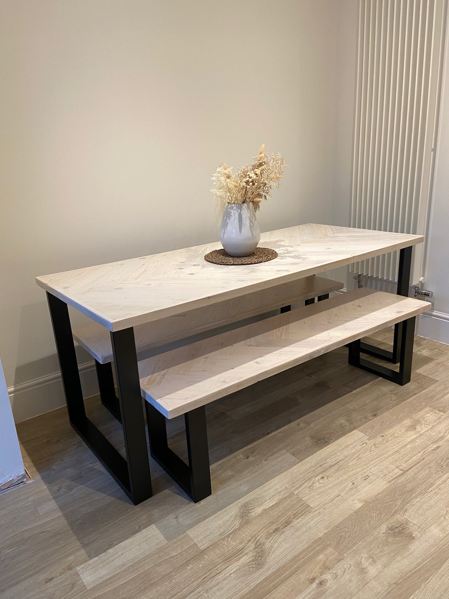 Handcrafted Herringbone Dining Table with Reclaimed Wood and Custom Legs - The Rough Wood UK