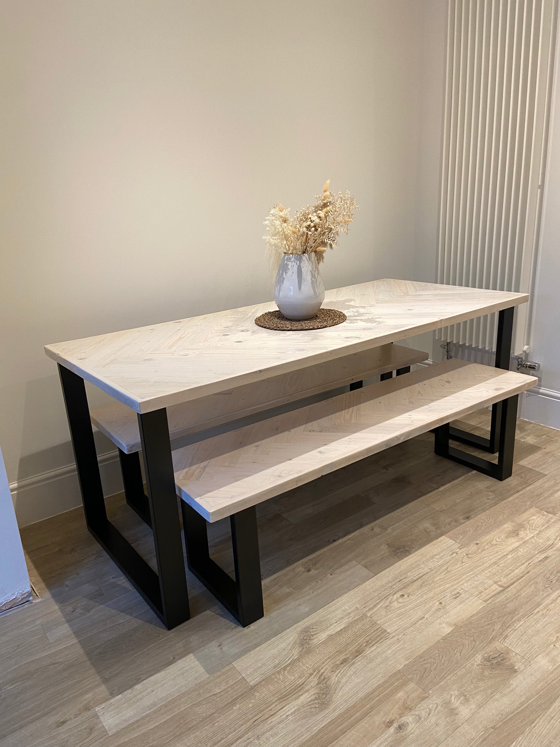 Handcrafted Herringbone Dining Table with Reclaimed Wood and Custom Legs - The Rough Wood UK