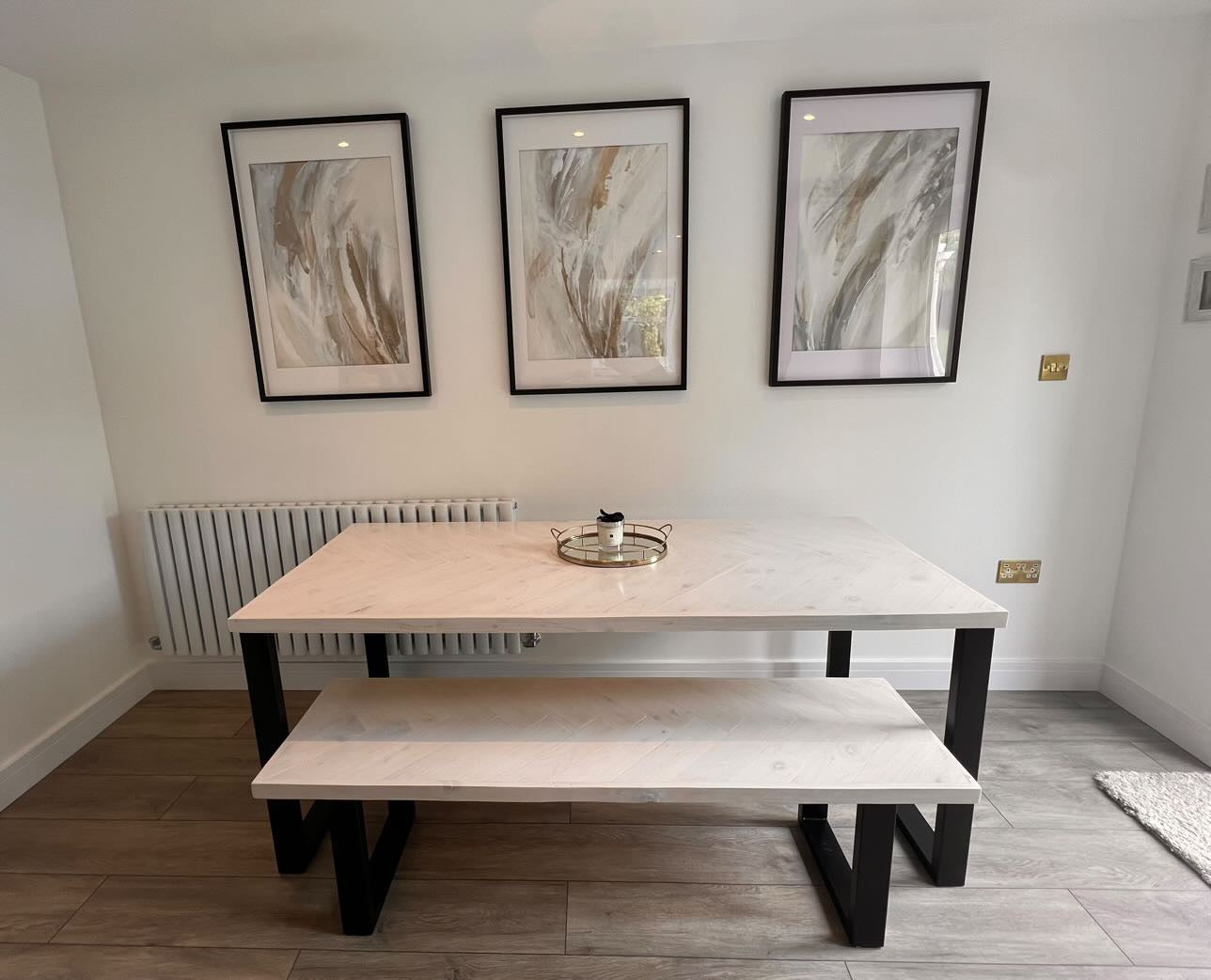 Handcrafted Herringbone Dining Table with Reclaimed Wood and Custom Legs - The Rough Wood UK