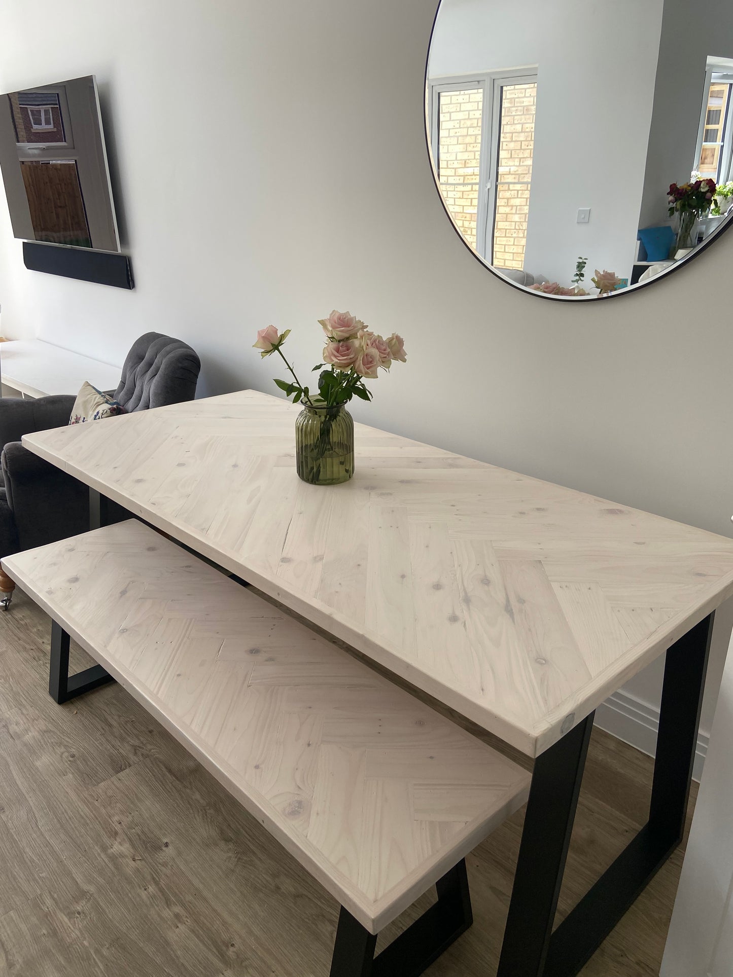 Handcrafted Herringbone Dining Table with Reclaimed Wood and Custom Legs - The Rough Wood UK