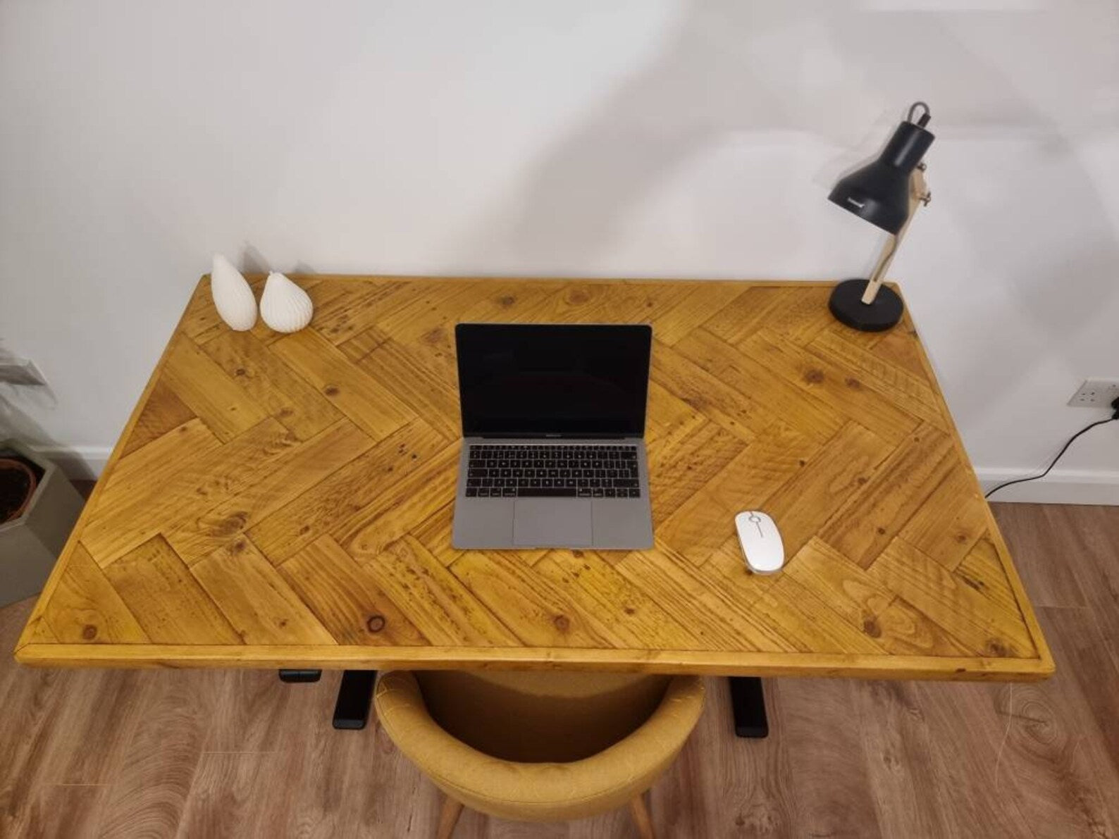 Adjustable height desk with reclaimed wood double herringbone top and electric legs, featuring LED smart handset with memory presets and child lock – handcrafted sit-stand desk for home or office.