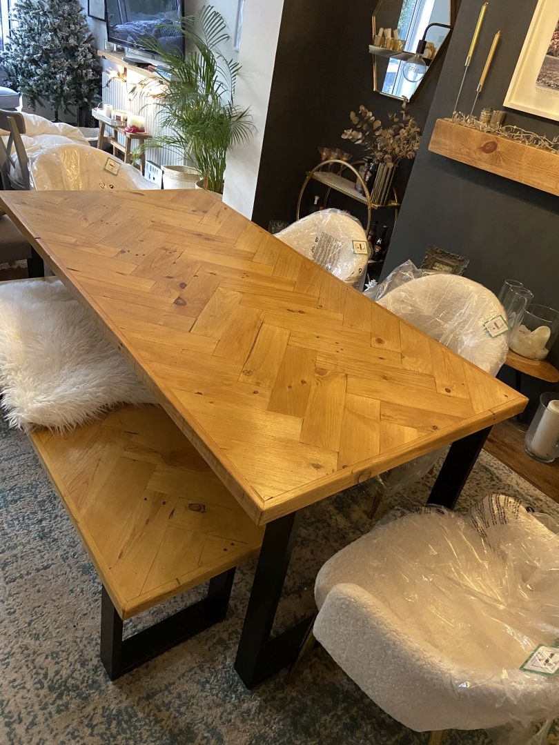 Handcrafted Herringbone Dining Table with Reclaimed Wood and Custom Legs - The Rough Wood UK