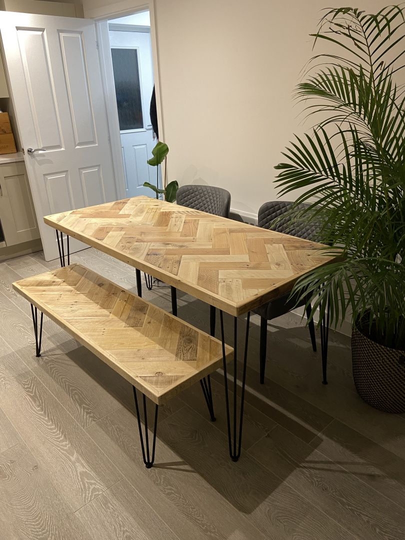 Handcrafted Herringbone Dining Table with Reclaimed Wood and Custom Legs - The Rough Wood UK
