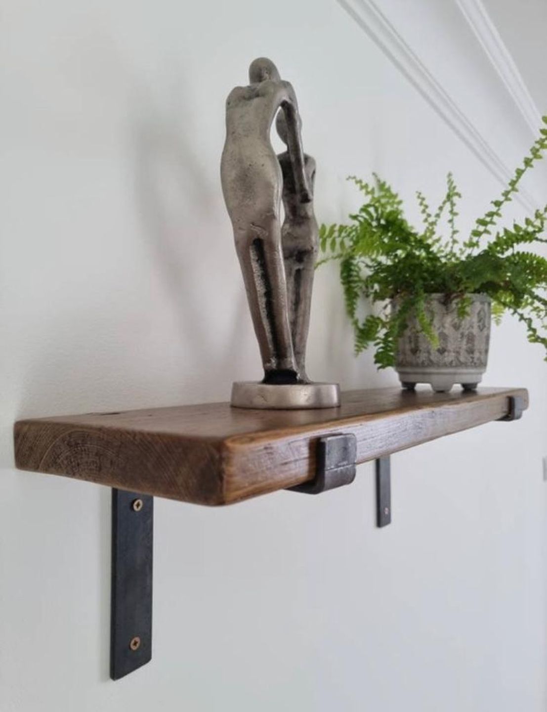 Reclaimed wood wall shelves with industrial or retro-style metal brackets – handmade to order with rustic finish