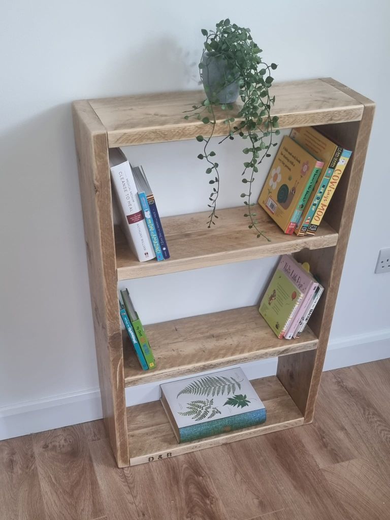 Reclaimed wood bookshelf with rustic finish – handcrafted storage shelf made from scaffold boards, available in custom sizes and finishes