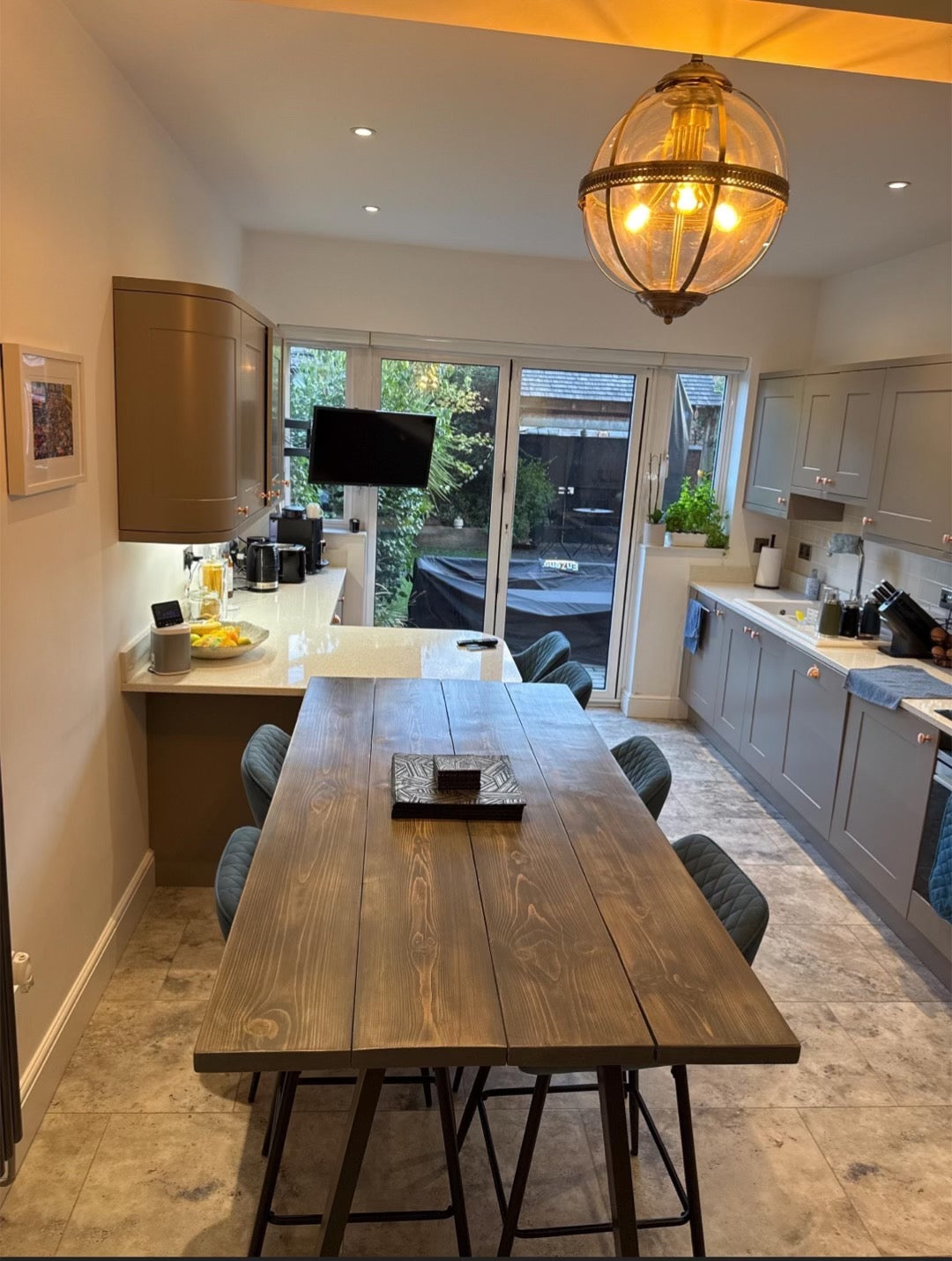 Handmade breakfast bar crafted from reclaimed scaffold boards
