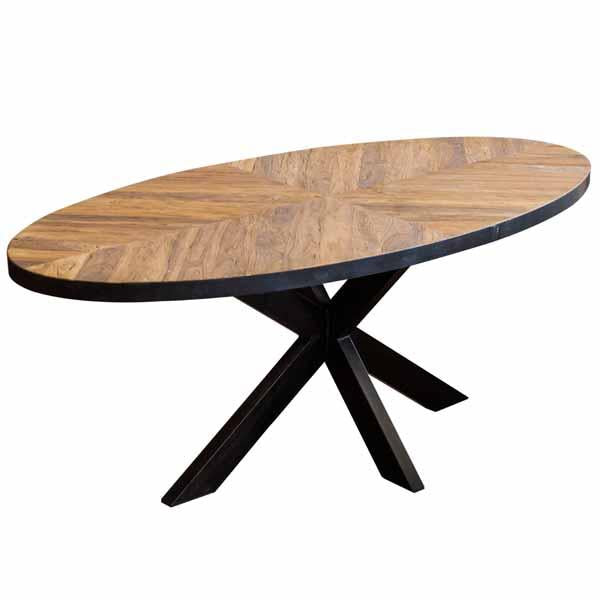 Reclaimed teak oval dining table with parquet wood top and black starburst metal base – Ironwood Series