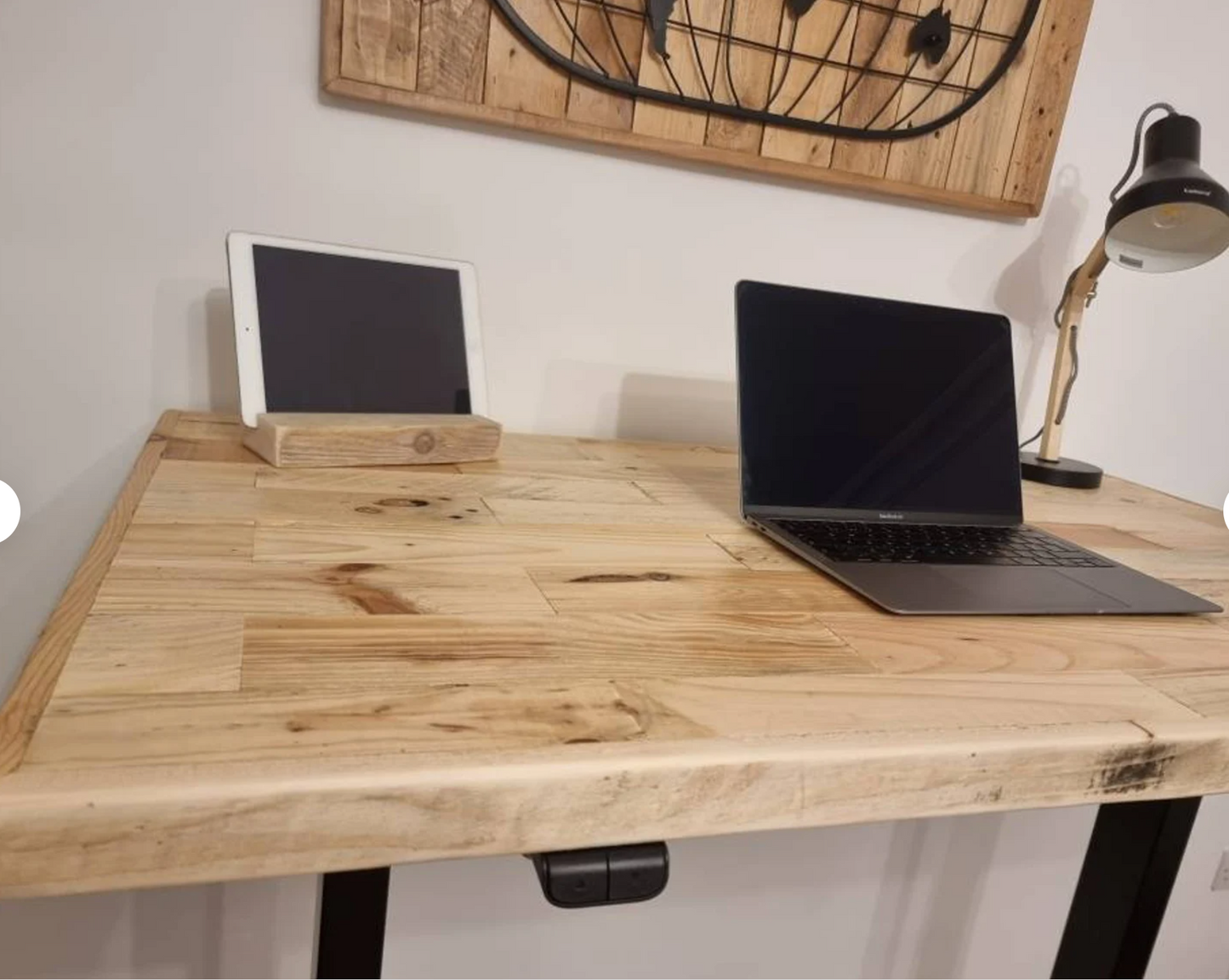 Adjustable height desk with reclaimed wood top and electric legs, featuring LED smart handset with memory presets and child lock – handcrafted sit-stand desk for home or office.