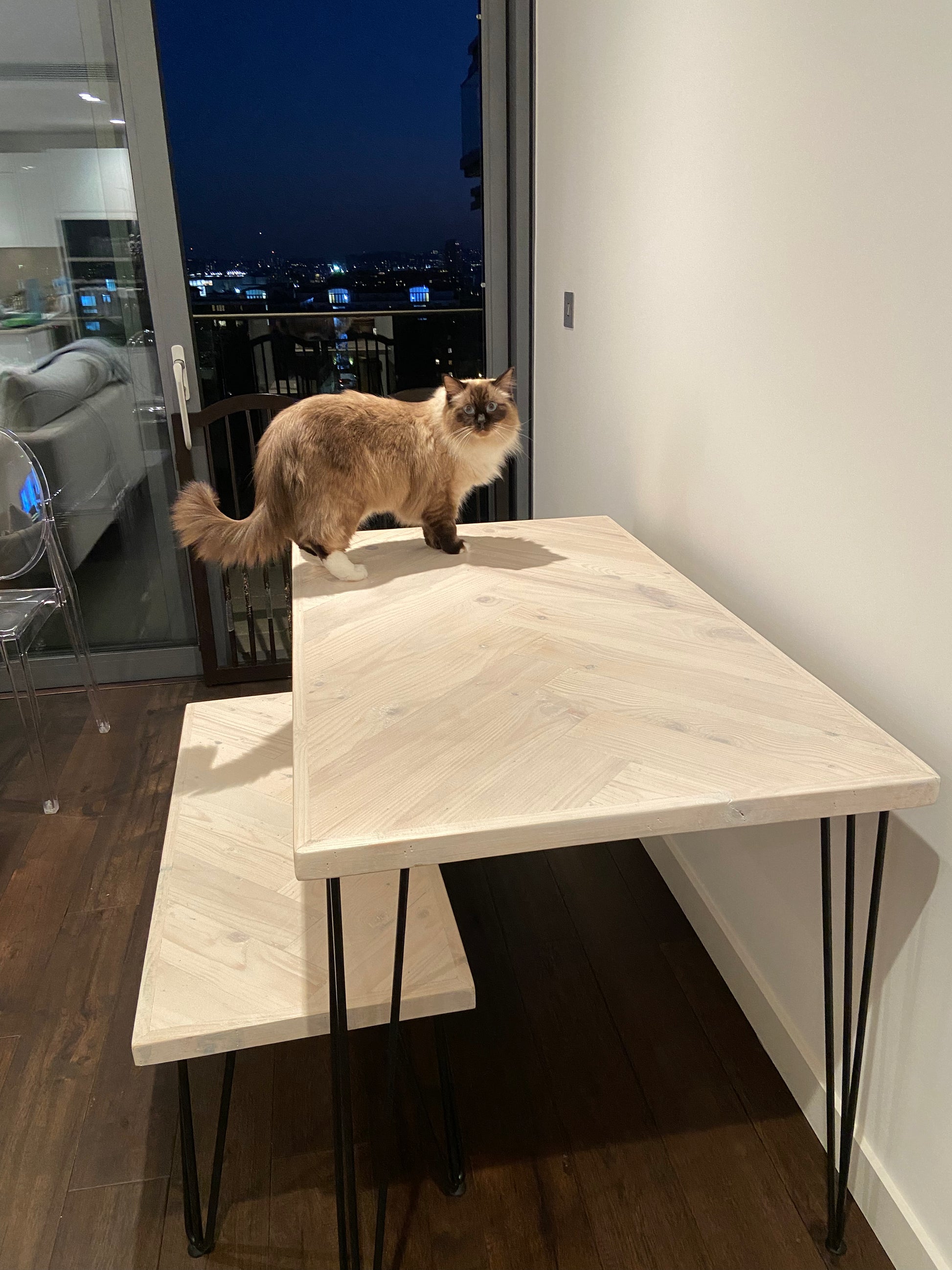 Handcrafted Herringbone Dining Table with Reclaimed Wood and Custom Legs - The Rough Wood UK