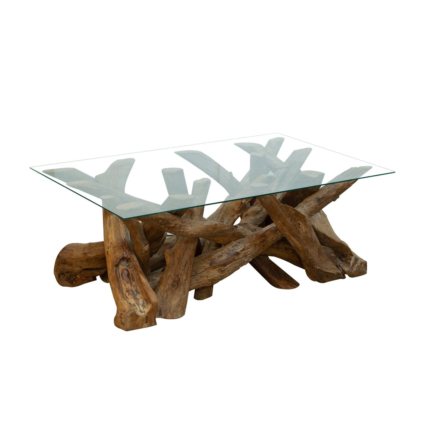 Rectangular teak root coffee table with clear tempered glass top – handcrafted from reclaimed wood, part of the Branchwood Series