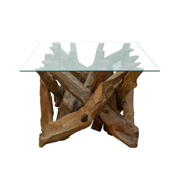 Rectangular teak root coffee table with clear tempered glass top – handcrafted from reclaimed wood, part of the Branchwood Series