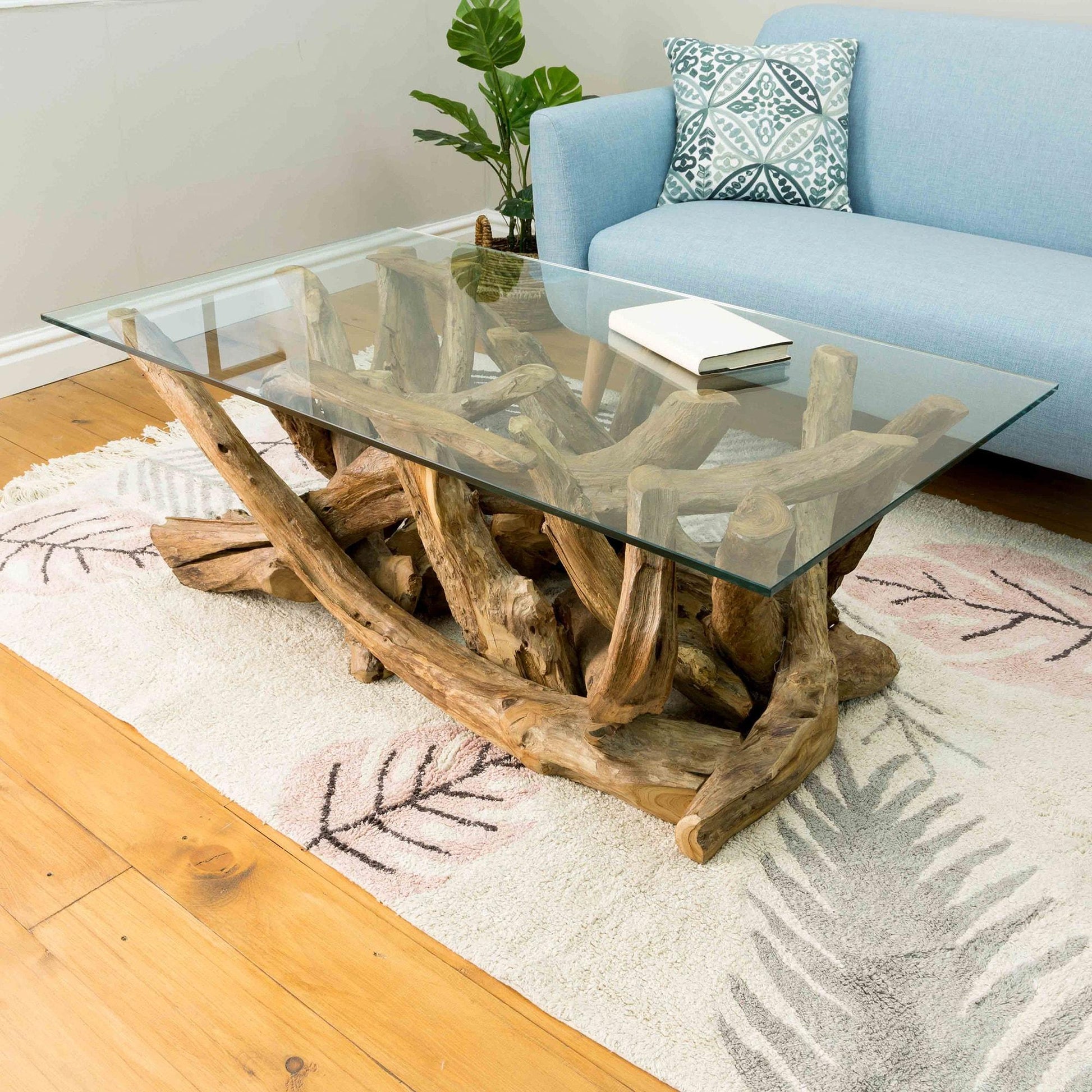 Rectangular teak root coffee table with clear tempered glass top – handcrafted from reclaimed wood, part of the Branchwood Series