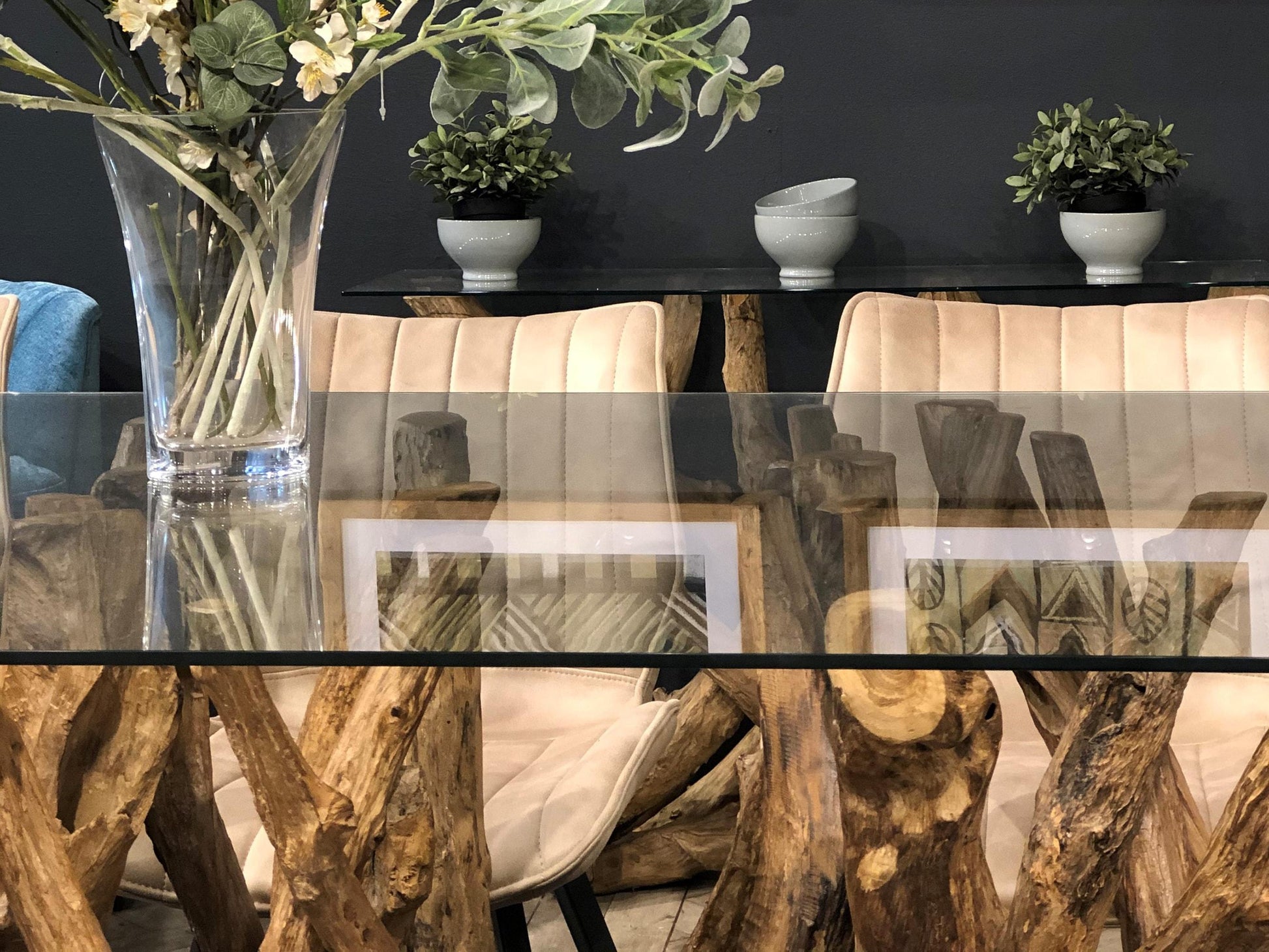 Rectangular teak root dining table with tempered glass top – handcrafted reclaimed base, 180cm length – part of the Branchwood Series
