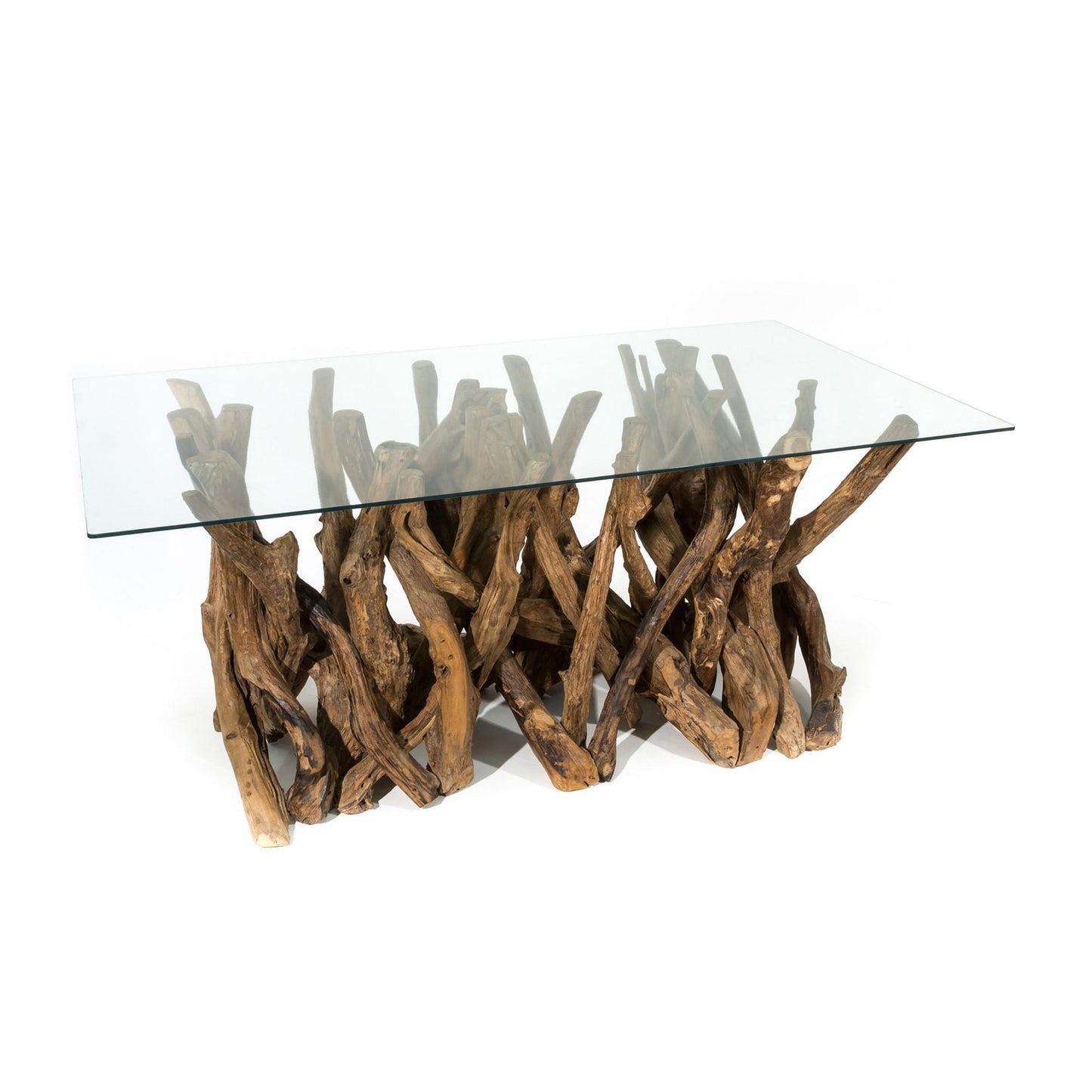 Rectangular teak root dining table with tempered glass top – handcrafted reclaimed base, 180cm length – part of the Branchwood Series