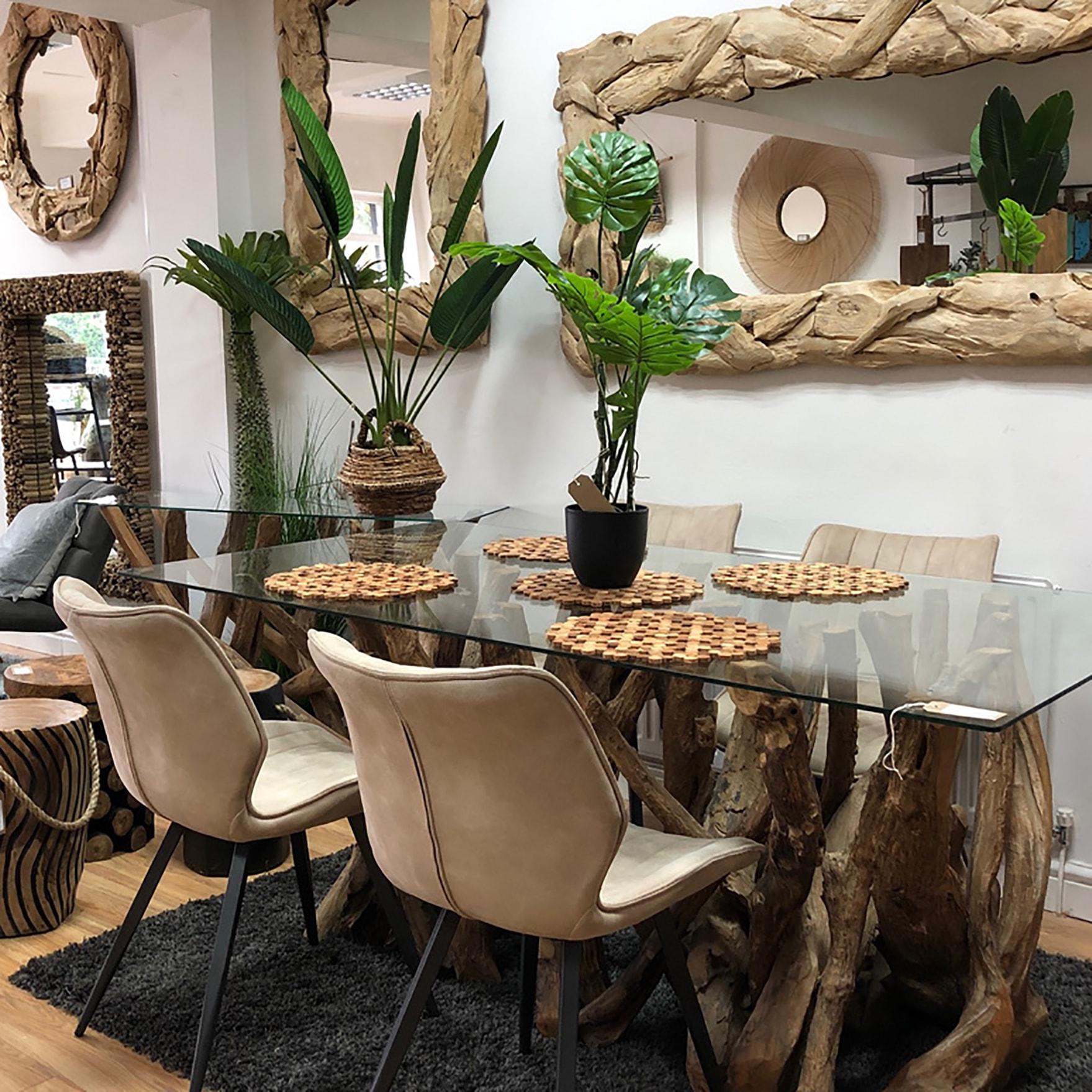 Rectangular teak root dining table with tempered glass top – handcrafted reclaimed base, 180cm length – part of the Branchwood Series