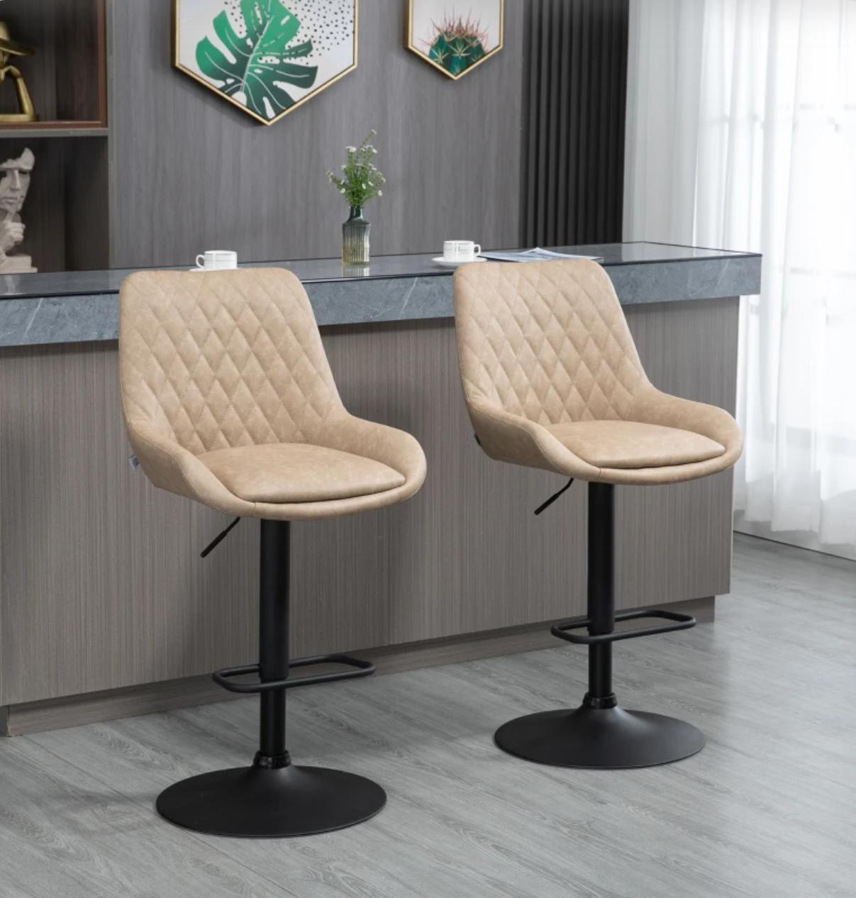 Retro bar stools set of 2 in light khaki faux leather with black base