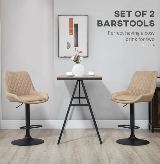 Retro bar stools set of 2 in light khaki faux leather with black base