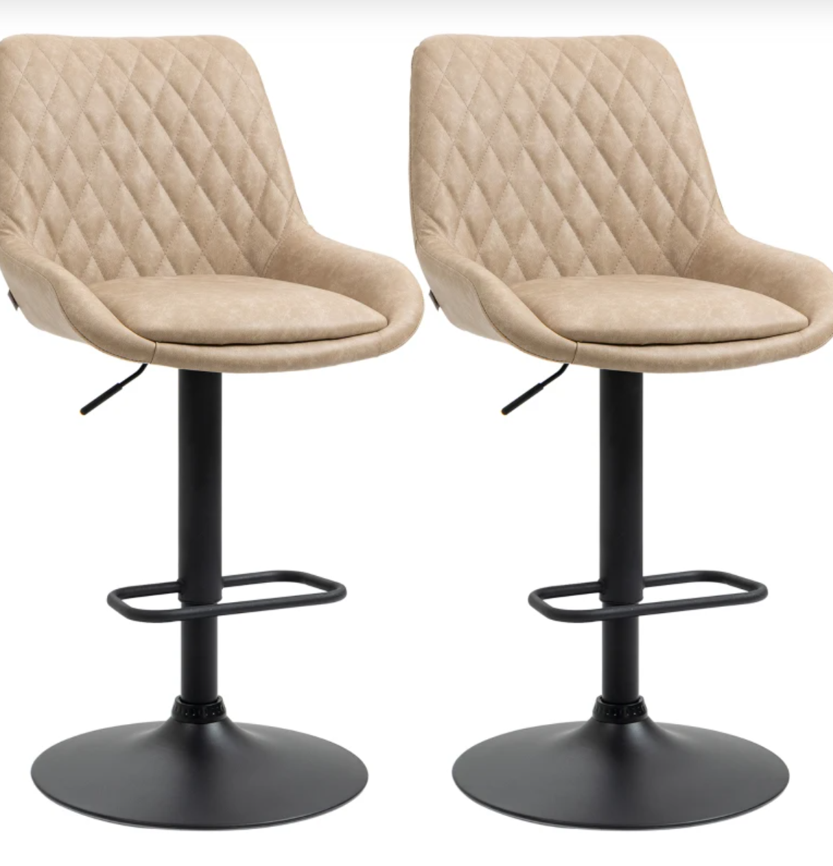Retro bar stools set of 2 in light khaki faux leather with black base