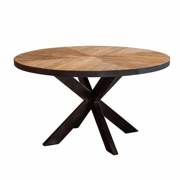 Round reclaimed teak dining table with parquet top and black starburst base – Ironwood Series