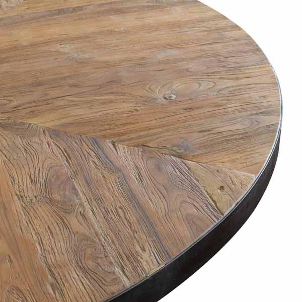 Round reclaimed teak dining table with parquet top and black starburst base – Ironwood Series