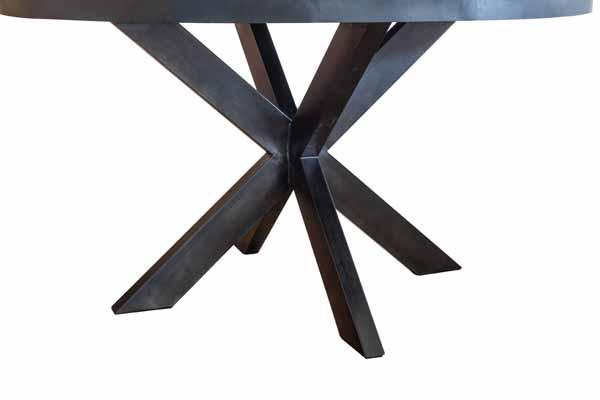 Round reclaimed teak dining table with parquet top and black starburst base – Ironwood Series