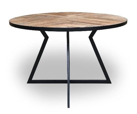 Round reclaimed wood dining table with sealed steel legs in rustic industrial style – Dockhouse Series