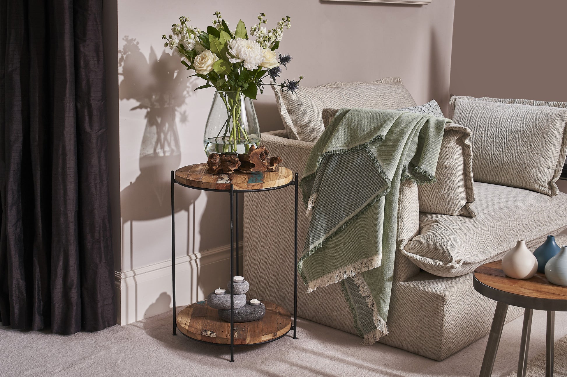 Round reclaimed wood shelving unit with metal frame – available in 2, 3, or 4 tiers – Dockhouse Series
