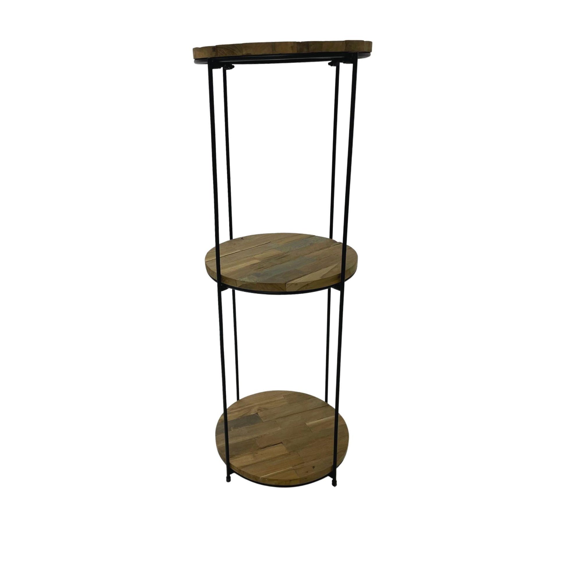 Round reclaimed wood shelving unit with metal frame – available in 2, 3, or 4 tiers – Dockhouse Series