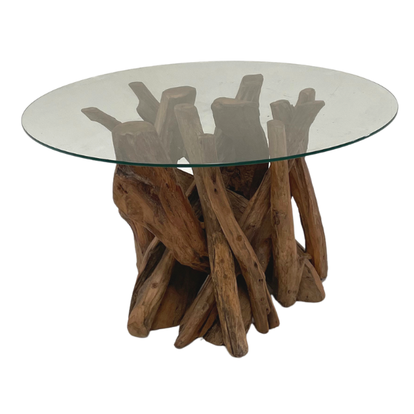 Round teak root coffee table with clear tempered glass top – unique handcrafted wood base from the Branchwood Series