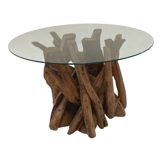 Round teak root coffee table with clear tempered glass top – unique handcrafted wood base from the Branchwood Series