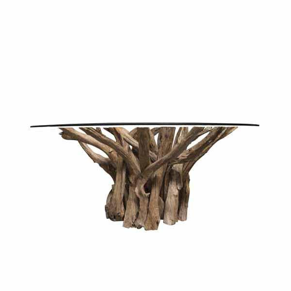 Round teak root dining table with tempered glass top – handcrafted wood base from the Branchwood Series, each piece uniquely shaped by nature